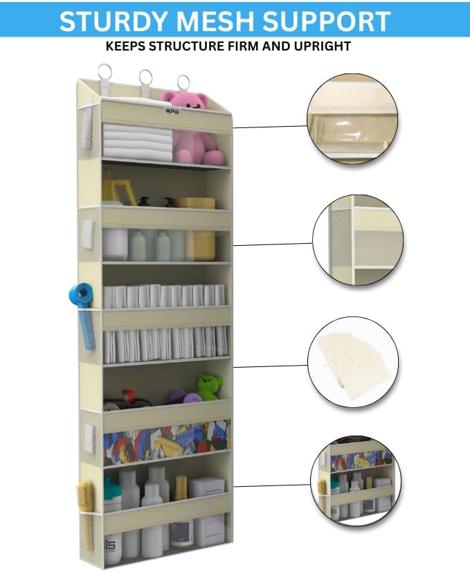 Over the Door Organizer with 5 Large Pockets & 10 Mesh Side Pockets – Durable Hanging Storage for Closet, Bathroom, Bedroom, and Pantry – Space Saving Door Storage with Sturdy Metal Hooks.