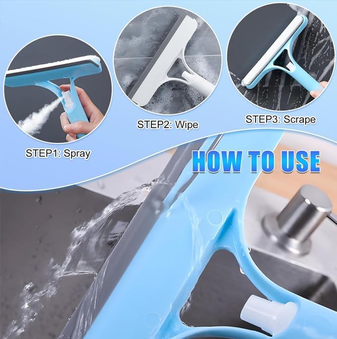 3 in 1 Spray Squeegee, WindowSqueegee with Spray 3 in 1 WindowSqueegee Cleaner, Spray WindowSqueegee Cleaner Tool with SprayBottle, for Car, Home, Kitchen Window（Blue+White）