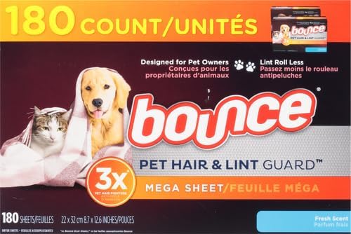 Bounce Pet Hair and Lint Guard Mega Fabric Softener Dryer Sheets with 3X Pet Hair Fighters, Fresh Scent, 180 Count (Packaging May Very) (Pack of 2)