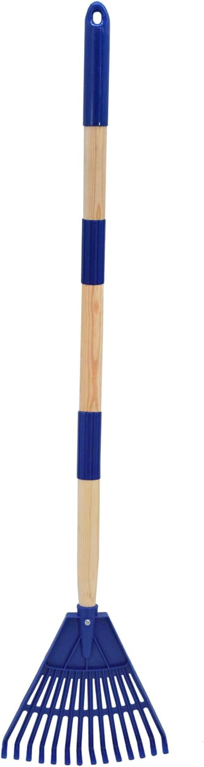 Kids Leaf Rake - 3-Section Adjustable Handle, Lightweight, Wood & Plastic, Small Garden Tool for Children (Blue)