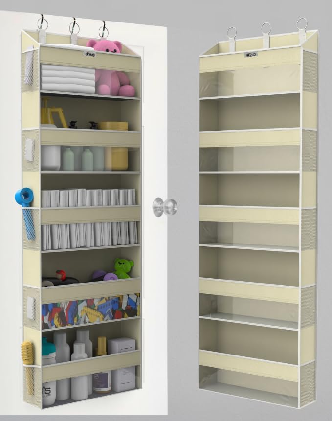 Over the Door Organizer with 5 Large Pockets & 10 Mesh Side Pockets – Durable Hanging Storage for Closet, Bathroom, Bedroom, and Pantry – Space Saving Door Storage with Sturdy Metal Hooks.