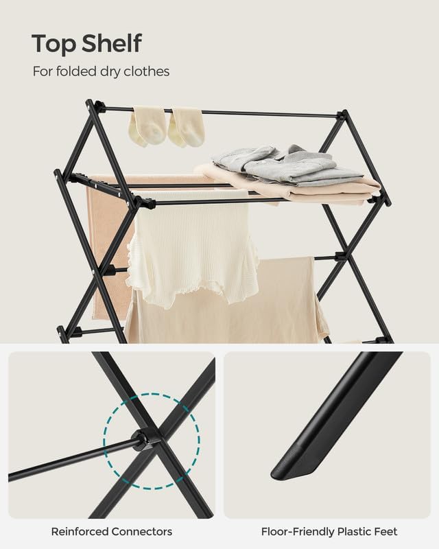 SONGMICS Foldable Clothes Drying Rack, Laundry Drying Rack, Clothes Airer, Steel Frame, 14.6 x 29.5 x 53.2 Inches, Easy Assembly, Indoor Outdoor Use, Black ULLR770B01