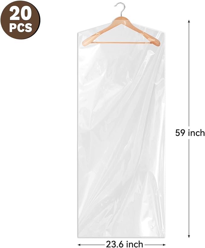 20 PCS 60 Inch Plastic Garment Bag, Dry Cleaner Bags Laundry Bags, Clear Hanging Clothing Covers for Long Dresses Skirt Coat Suit Shirt Jacket