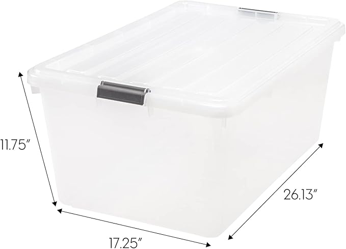 IRIS USA 68 Qt Stackable Plastic Storage Bins with Lids, 5 Pack - BPA-Free, See-Through Organizing Solution, Latches, Durable Nestable Containers, Secure Pull Handle, Made in USA - Clear