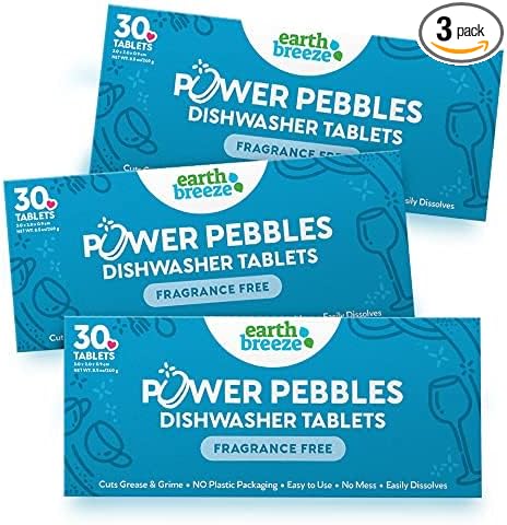 Earth Breeze Power Pebbles Dishwasher Tablets, Tough on Grease, Gentle on Dishes, Fragrance Free Dish Detergent & Dishwasher Cleaner, Kitchen Cleaning Supplies for Sparkling Results, 90 Tabs (3-Pack)