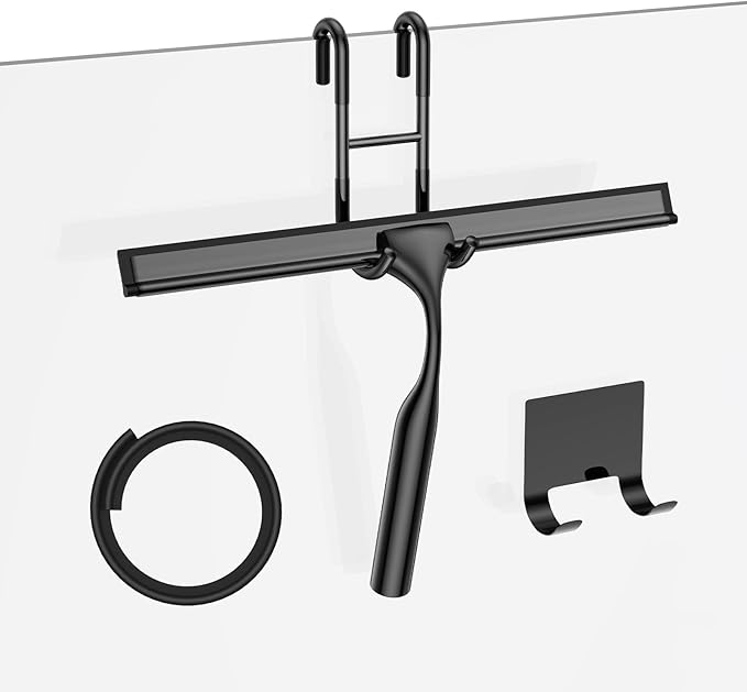 Shower Squeegee for Glass Doors, 10-Inch Stainless Steel Squeegee Bathroom Doors Mirror Car Windows with Matching Hooks Holder and Replacement Blade (Black)