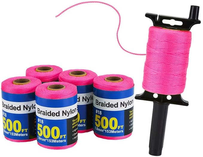 IMAGE 6 Roll Mason Line String Line - #18 Braided Nylon String - 500 Ft Length - Nylon with Reloadable Line Reel Twine for Gardening Or Masonry Tools, Perfect Construction String (Pink)