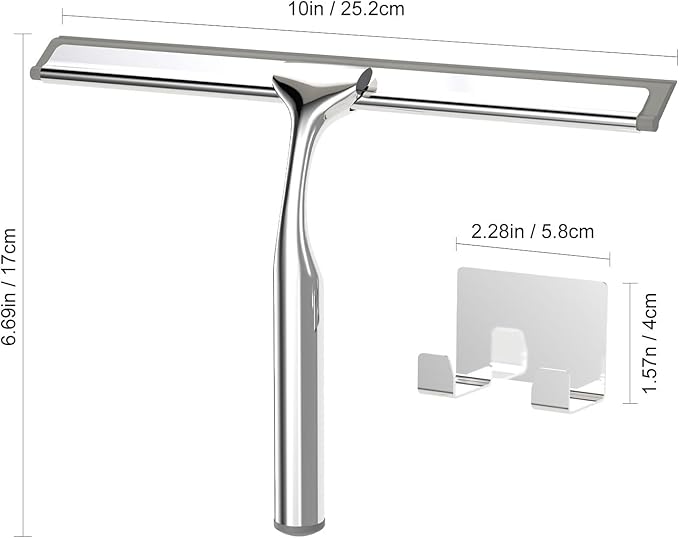 Shower Squeegee for Glass Doors, Stainless Steel Shower Squeegee for Bathroom, Window and Tiles, All-Purpose Squeegee with Adhesive Hook-10”, Chrome