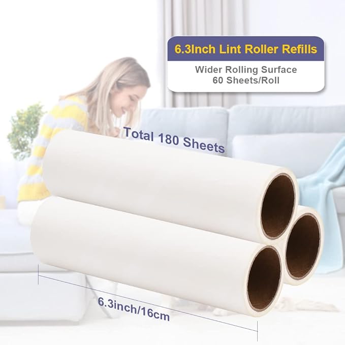 windson 3 Pack 6.3 Inch Wide Large Lint Roller Refills (1.5In Inner Diamerter), Supersize Extra Sticky Roller Refills for Pet Hair Removing(180 Sheets)
