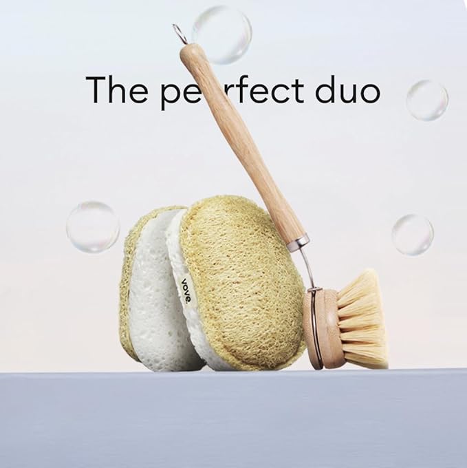 Vove Cleaning Duo, Bamboo Dish Brush Set and Natural Dish Sponges, FSC-Certified Bamboo, Sisal, Loofah, Cellulose, Plastic-Free, Eco-Friendly Zero-Waste Kitchen Dish Scrubber Set