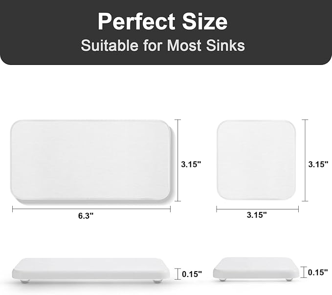 Water Absorbing Stone Tray for Sink | Quick Drying Diatomaceous Earth Coasters | Soap Dish Holder & Toothbrush Holder for Bathroom Counter | Hand Soap & Plant & Toiletries | White 4-Pack