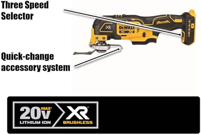 DEWALT 20V MAX XR Oscillating Multi-Tool Kit, Oscillating Tool Accessories, Cordless, 3-Speed, Quick Blade Change, Sand Paper, Blades, Battery and Charger Included (DCS356D1)