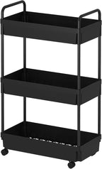 3-Tier Storage Cart，Shelf Organizer Mobile Shelving ，Utility Rolling Cart，Multifunction Movable Storage Organizer with Lockable Wheels,Black