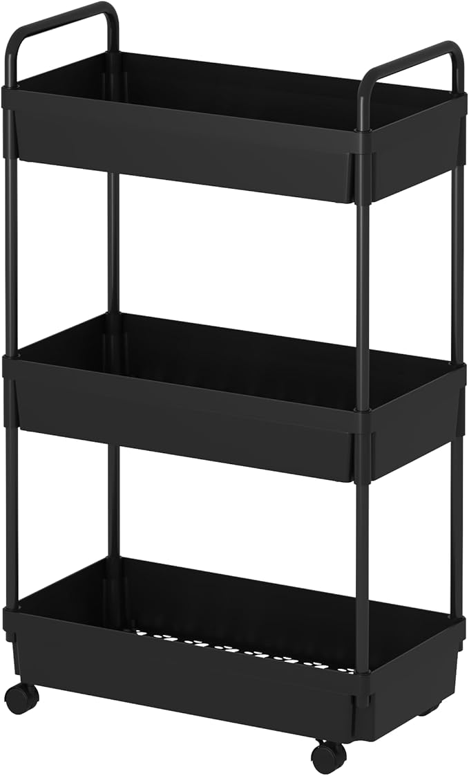 3-Tier Storage Cart，Shelf Organizer Mobile Shelving ，Utility Rolling Cart，Multifunction Movable Storage Organizer with Lockable Wheels,Black