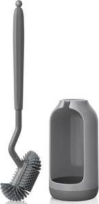HAMITOR Toilet Bowl Brush Holder Set: Deep Cleaning Silicone Toilet Cleaner Scrubber Under Rim with Curved Bristle for Bathroom Dead Corner Clean - Modern Rv Toilet Decorative Accessories - Gray