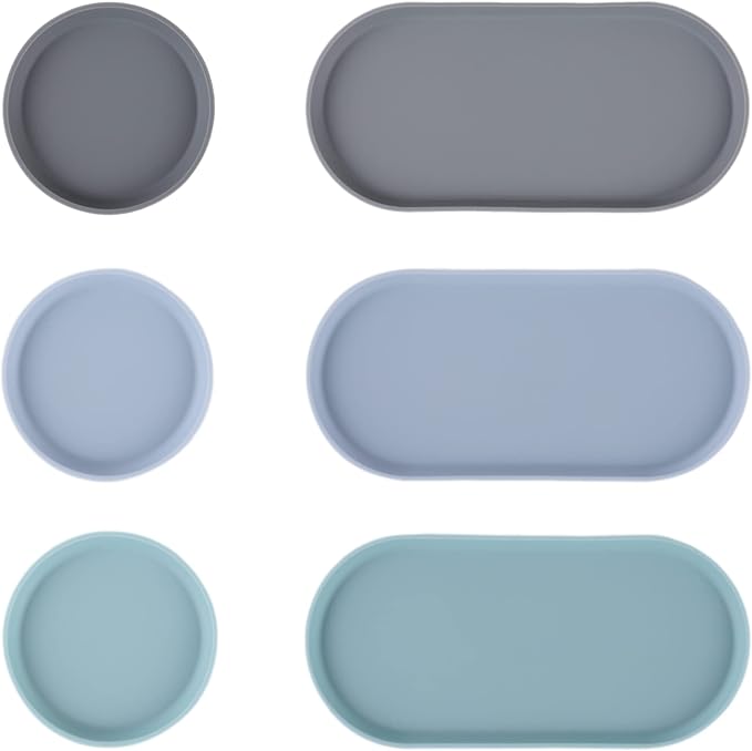 Blue Ginkgo Mini Silicone Trays – Set of 6 Easy-Clean Organizers for Bathroom, Kitchen, Desk, Vanity, and Cosmetics (Blue, Mint, Gray)