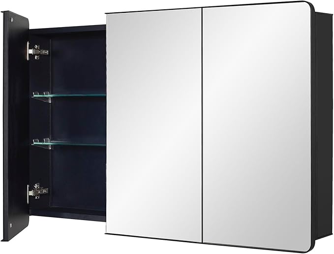 Black Bathroom Medicine Cabinet with Round Corner Framed Door, 40 x 25.5 inch, Recessed or Surface Mount, with Adjustable Glass Shelves