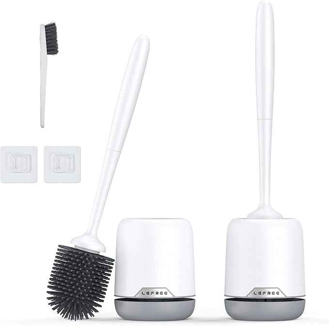 Lefree 2 Pack Silicone Toilet Bowl Brush and Holder Set with Ventilated Holder, Floor Standing & Wall Mounted Toilet Scrubber