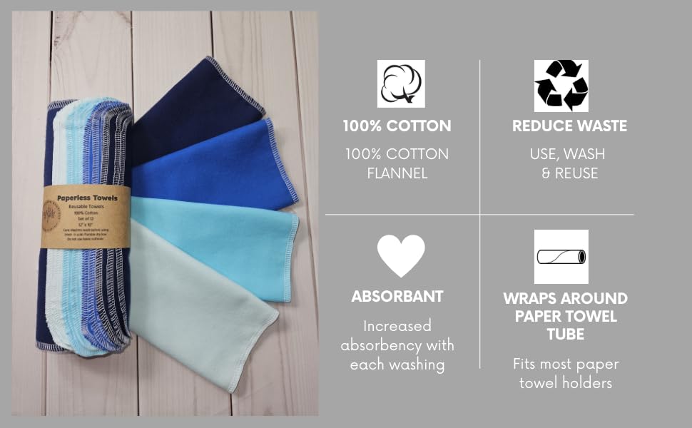 Paperless Towels, 12-12" X 10" Washable Paper Towels, Reusable Paper Towels, 100% Cotton (Blues)