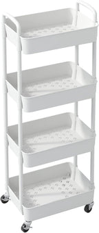 Sywhitta 4-Tier Plastic Rolling Utility Cart with Handle, Multi-Functional Storage Trolley for Office, Living Room, Kitchen, Movable Storage Organizer with Wheels, White