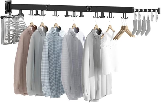 Clothes Drying Rack Wall Mounted Retractable, Aluminum Collapsible Laundry Organizer, Space-Saver Hanger Holds Quilts for Bedroom Bathroom Balcony (Black)