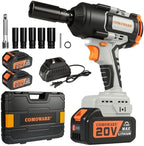 COMOWARE Cordless Impact Wrench, 1/2 Inch 1000N.m (780Ft-lbs) High Torque 20V Brushless Power Impact Driver Kit for Automotive DIY, 4.0Ah Li-ion 2 Battery, 5 Pcs Impact Sockets with Case