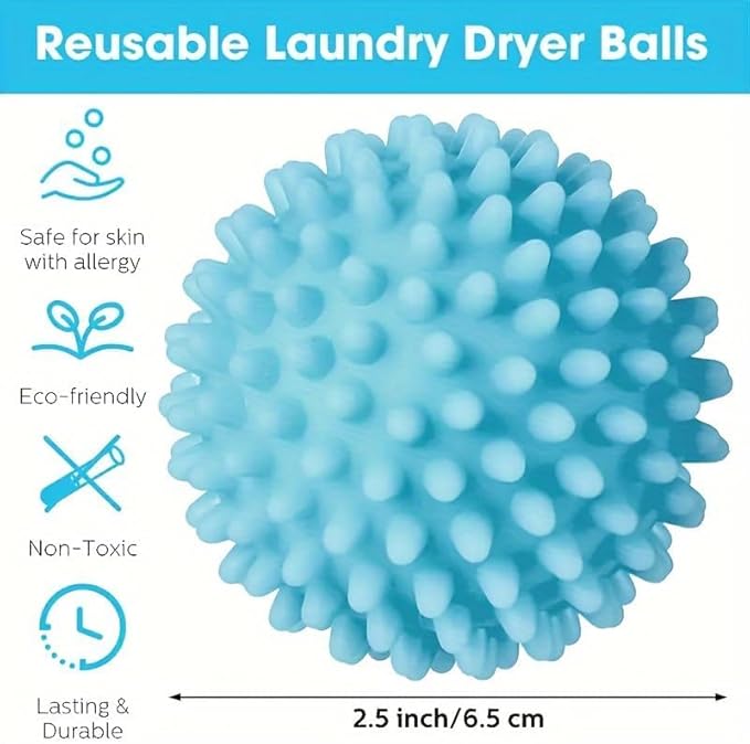 Reusable Laundry Dryer Balls, Plastic Anti-Static Fabric Softener, Reduces Wrinkles, Sustainable Cleaning Supplies, Essential Washing & Drying Aid for Soft, 6 Pack, 2.36 in (Sky Blue/Purple/Pink)