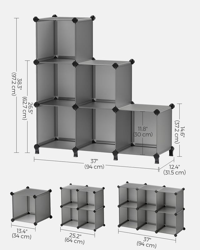 SONGMICS 6 Cube Storage Organizer, Modular Bookshelf, DIY Closet Organizers and Storage, Plastic Stackable Shelves, 11.8 x 11.8 x 11.8 Inch Cubes, with Feet and Rubber Mallet, Gray ULPC06G