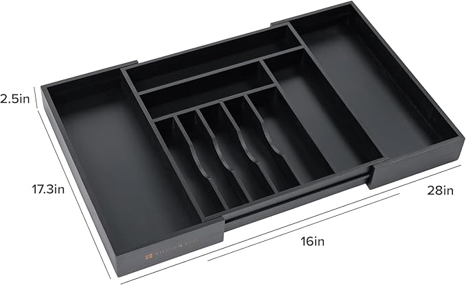 Premium Silverware, Flatware and Utensil Organizer for Kitchen Drawers, Food-Safe Contract Grade, Expandable from 16 to 28 In, Black Bamboo
