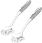 SetSail Dish Brush with Handle, 2 Pack Stiff Bristles Dish Scrubber with Built-in Scraper Dish Scrub Brushes for Cleaning Dishes, Pots and Pans, Kitchen Sink, Grey