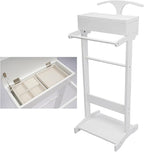 Clothing Rack, Wood Suit Clothes Stand with Drawer, Practical Freestanding Clothes Stand with Top Tray for Men, Women, Organizes Ties, Belts, Shoes, 22Ibs Capacity, Modern White