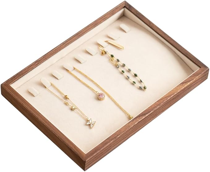 9 Grid Black Walnut Wood Jewelry Tray with Velvet Lining, Stackable Jewelry Organizer for Necklace, Bracelet & Pendant Storage, Premium Elegant Jewelry Drawer Organizer for Women