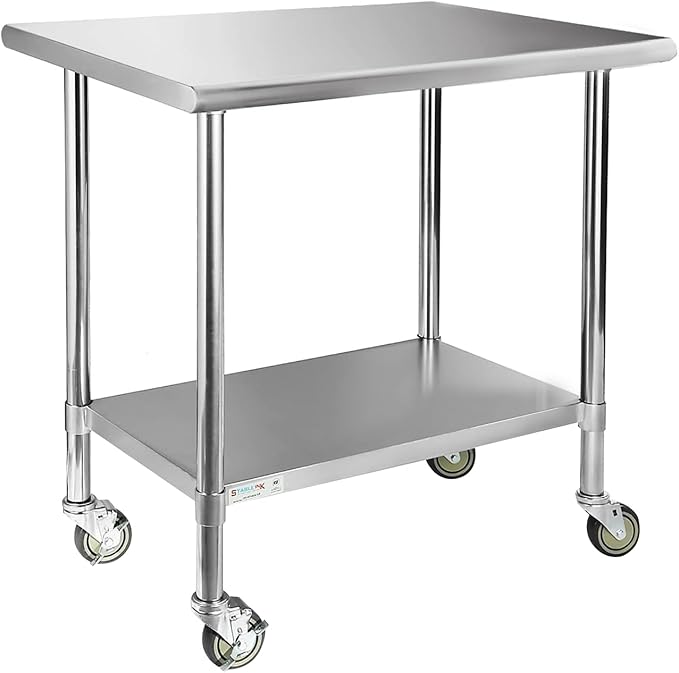 STABLEINK NSF Stainless Steel Table with Caster Wheels, 30 x 18 Inches Metal Prep & Work Table with Adjustable Undershelf, for Commercial Kitchen, Restaurant, Hotel and Garage