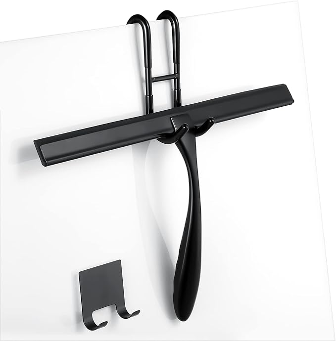 Shower Squeegee for Glass Doors,14-Inch Shower Glass Squeegee, Matte Black Shower Squeegee for Shower Doors,Mirror,Windows, with Shower Door Hook and Adhesive Hook