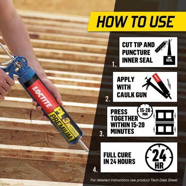 Loctite PL Premium Polyurethane Construction Adhesive, Versatile Construction Glue for Wood, Concrete, Stone, Metal & More- 28 fl oz, Cartridge, 12 Pack