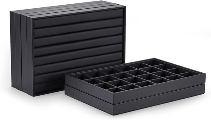 Oirlv Stackable Jewelry Organizer Tray Premium Leather 24 Grid Jewelry Drawer Organizer Dresser Tabletop Trinket Earring Ring Storage