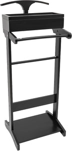 Clothing Rack, Wood Suit Clothes Stand with Drawer, Practical Freestanding Clothes Stand with Top Tray for Men, Women,Organizes Ties, Belts, Shoes, 22Ibs Capacity, Modern Black