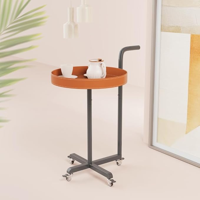 Rolling Utility Cart with Novelty Design, Mobile Saddle Leather Trolley, Organizer Trolley with Lockable Wheels, Multifunctional Serving Cart for Living Room (Orange)