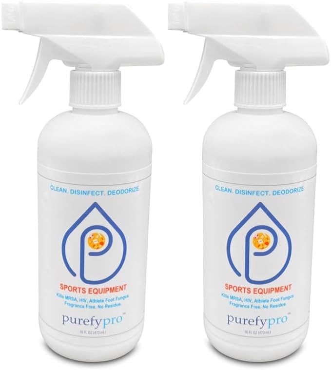 Purefypro Sports Equipment Disinfectant Spray (16oz, 2pk) Kills 99.9999% MRSA, HIV, Athlete Foot Fungus, Virus, Fungi. No Residue. Great For Sports Pads, Yoga Mats, Shoes, Boxing Gloves, Gym Equipment
