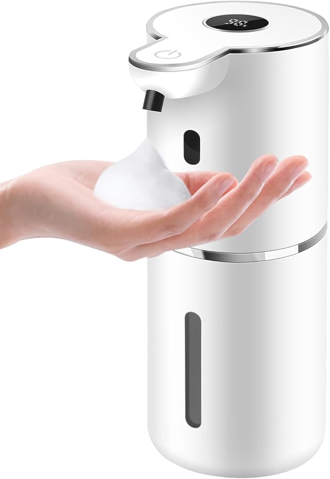 Automatic Foaming Soap Dispenser 12.8oz, Rechargeable & 6 Levels Foaming Adjustable with Digital Display, Wall Mount, Waterproof, Touchless Hand/Dish Soap Dispenser for Kitchen, Bathroom, Hotel