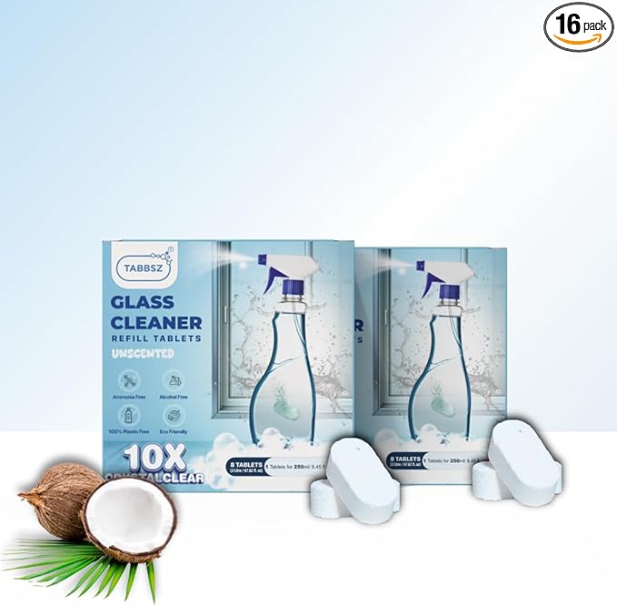 Glass Cleaner Refill Tablets | Plant-Based Streak-Free Window & Mirror Cleaner | Non-Toxic & Eco-Friendly Cleaning Solution | Plastic-Free Packaging | Unscented - Pack of 16