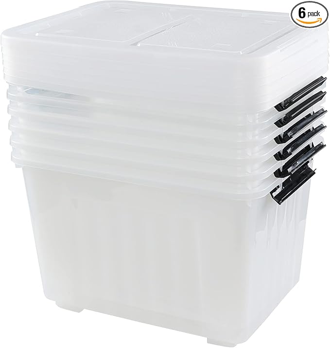 Jekiyo 50 Liter Clear Storage Bin on Wheels, Large Plastic Latching Box, 6 Pack