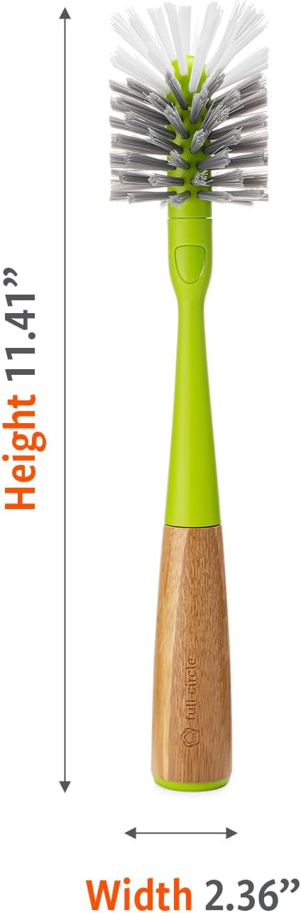 Full Circle Clean Reach - Bamboo Handle Bottle & Mug Scrubber with Replaceable Head, Long Handle Brush for Deep Cleaning Water Bottles, Baby Bottles, Flasks, Tumblers, Vases, and Kitchen Sink, Green