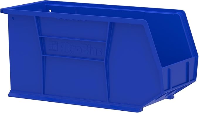 Akro-Mils 30265 AkroBins Plastic Storage Bins, Space-Saving Stackable Bins for Garage, Pantry, Craft Organization, 18-" x 8.25-" x 9-", Blue, 6-Pack