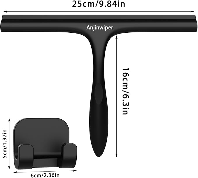 All-Purpose Shower Squeegee for Shower Glass Door with Adhesive Hook, Bathroom Cleaner Tool Household Squeegee,10 inch, Black