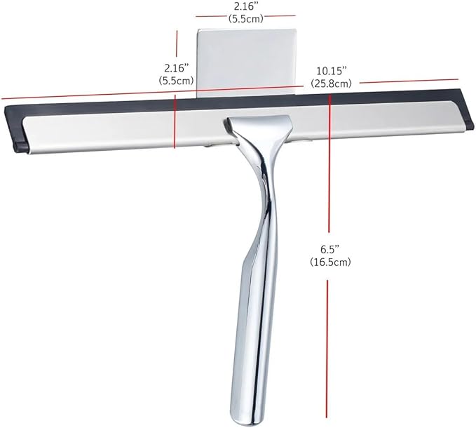 J&V TEXTILES All-Purpose Stainless Steel Shower Squeegee for Glass Doors with Adhesive Hooks, Squeegee for Shower Glass, Bathroom Household Cleaner Tool, 10 Inch (Silver)