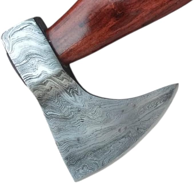 Handmade Damascus Axe with Sheath – Viking Style Hatchet with Curved Wooden Handle for Camping, Hiking, Chopping, Bushcraft, Gardening & Display