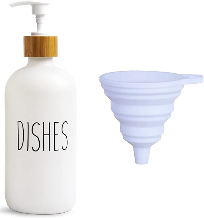 Dish White Glass Soap Dispenser with Plastic Pump, 16 Oz White Dish Soap Dispenser Set Refillable Reusable Apothecary Soap Pump Dispenser Bottles for Bathroom and Kitchen