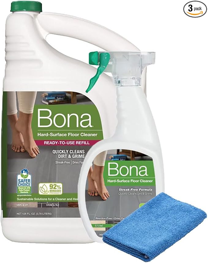 Plexon Microfiber Cleaning Cloth with Stone Tile and Laminate Floor Spray Cleaner 36 Fl Oz and 128 Fl Oz. for Bona Cleaner Spray Refill