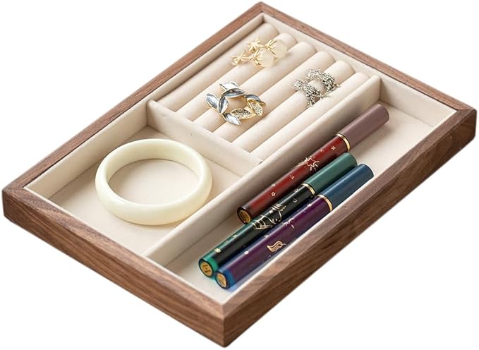 Black Walnut Wood Jewelry Tray with Velvet Lining, Multi-Functional Jewelry Organizer for Rings, Earrings, Necklaces & Bracelets, Drawer Jewelry Storage & Display Tray
